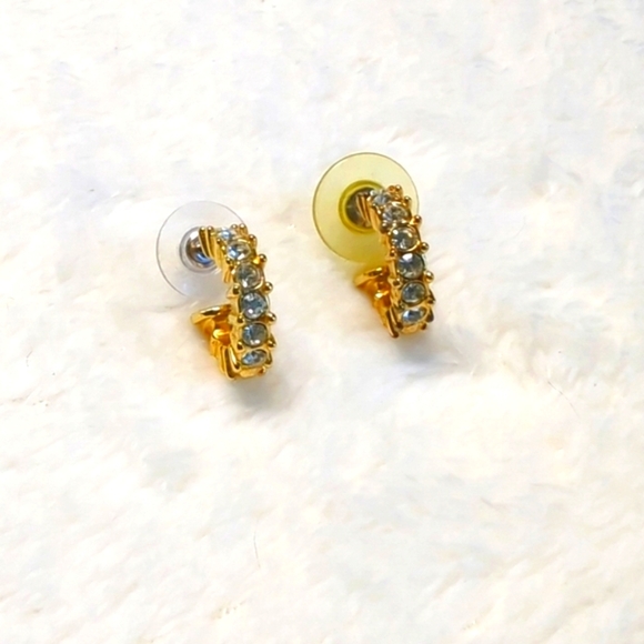 Vintage Small Goldtone and Clear Rhinestone Half Hoop Pierced Earrings - Picture 6 of 6